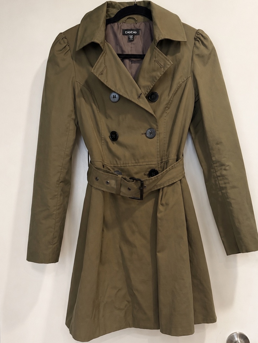 Bebe Olive Green Double Breasted Belted Trench Coat XS | Puff Shoulder